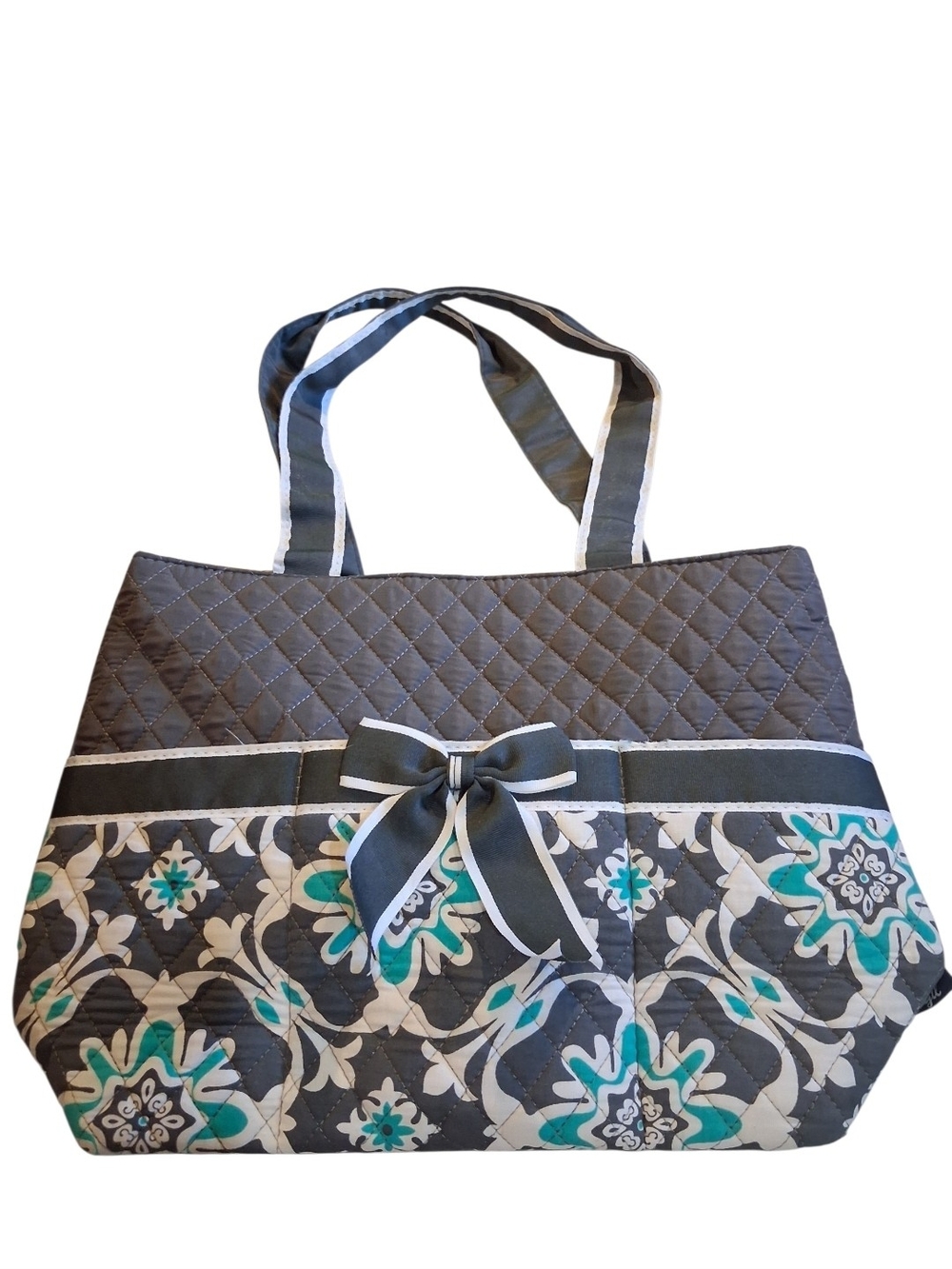 Quilted Floral Tote Bag with Bow - Gray & Teal